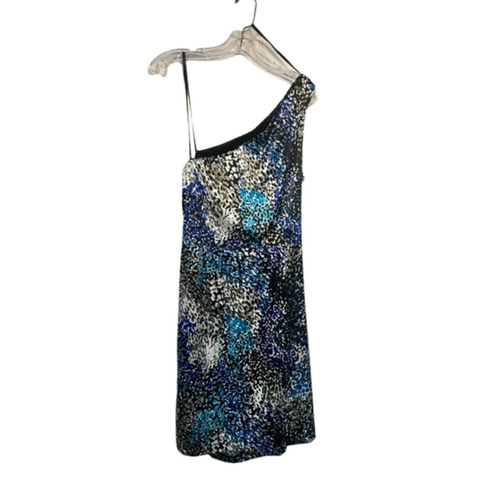Maggy London One Shoulder Animal Print Cocktail Dress Blue Black Ruched Size 16